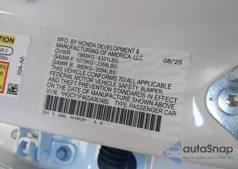2025 Honda Accord Se from USA, damaged, VIN 1HGCY1F46SA063480